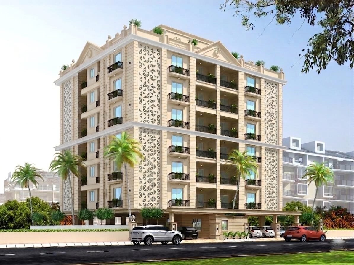Mangal Deep Apartments elevation by day - jaali facade, balconies and landscaped entrance