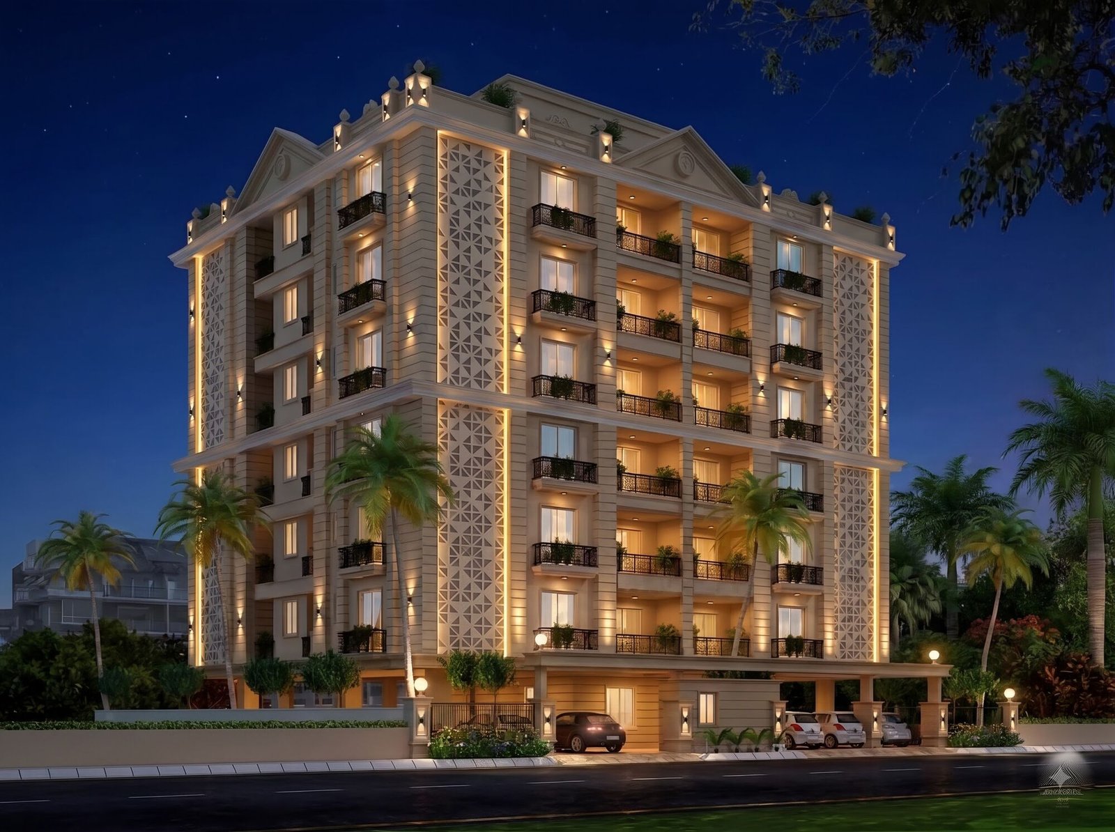 Mangal Deep Apartments illuminated at night, Jagatpura, Jaipur