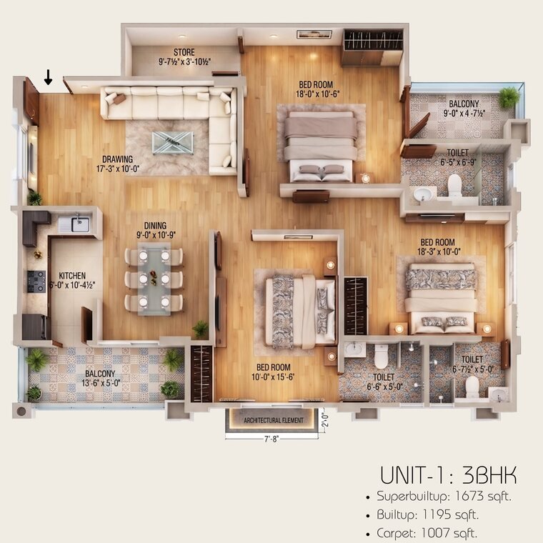 3 BHK Unit 1 floor plan, Mangal Deep Jagatpura