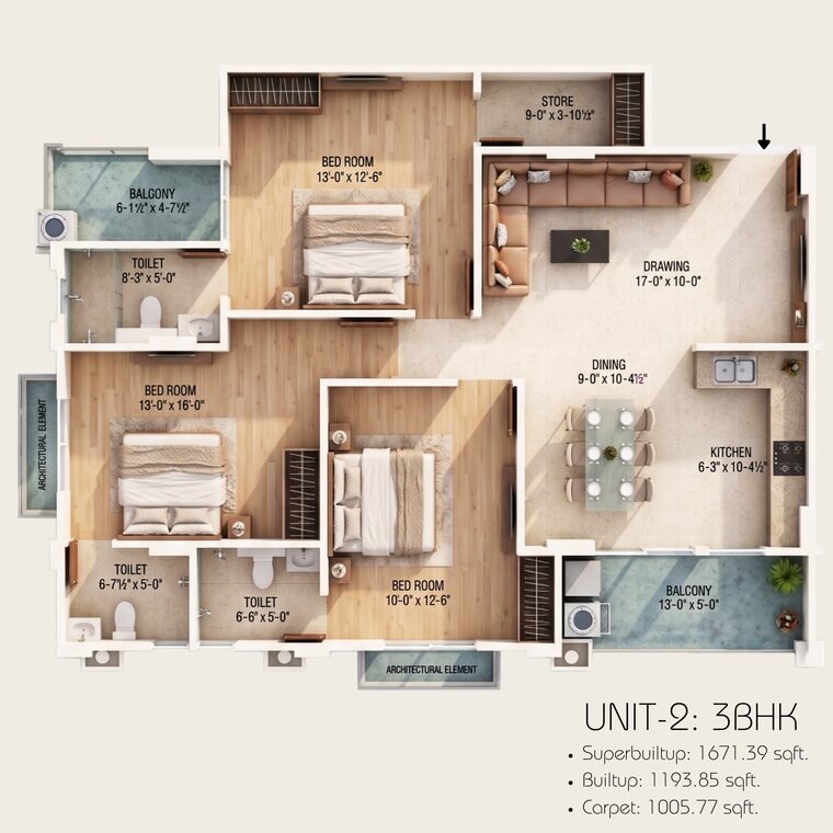 3 BHK Unit 2 floor plan, Mangal Deep Jagatpura