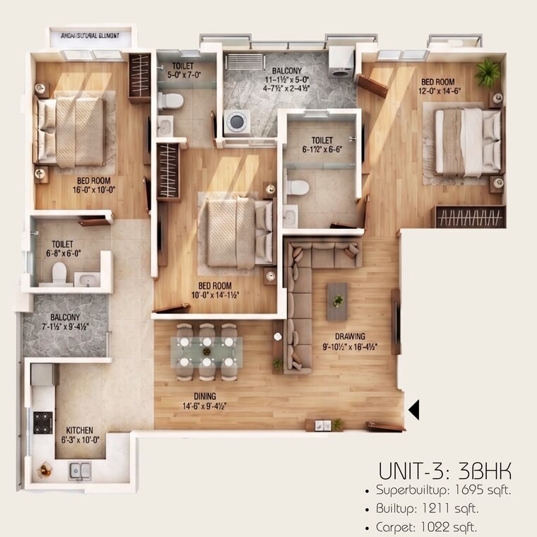 3 BHK Unit 3 floor plan, Mangal Deep Jagatpura