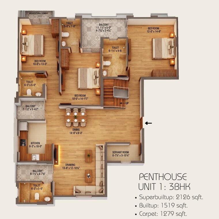 Penthouse Unit 1, 3 BHK plan, Mangal Deep Jagatpura